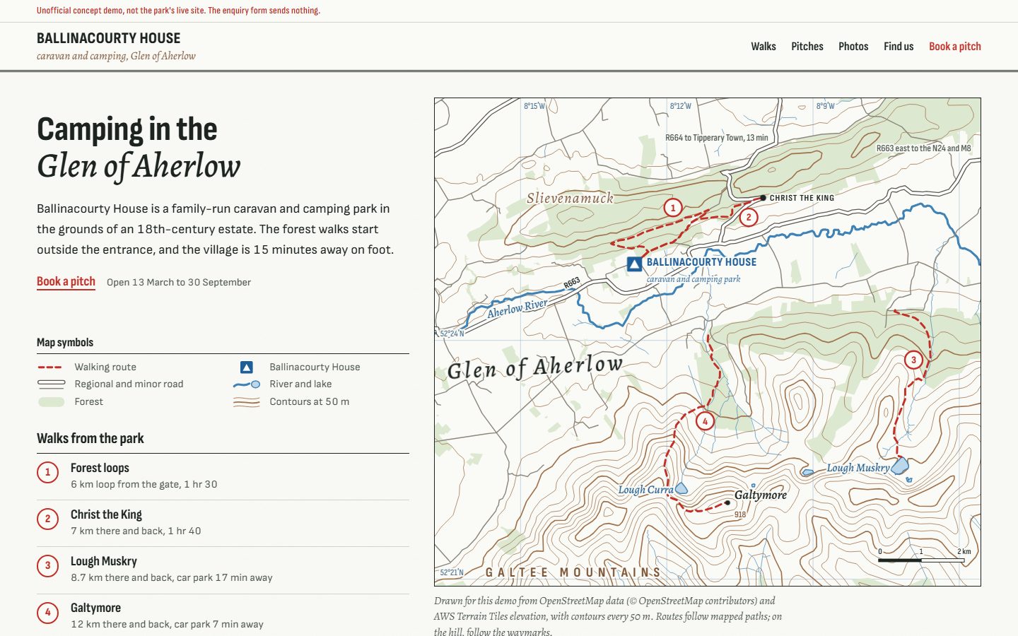 The first screen of the Ballinacourty House concept site, a walking sheet of the estate