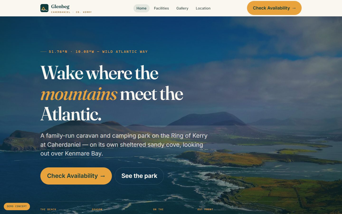 The first screen of the Glenbeg concept site