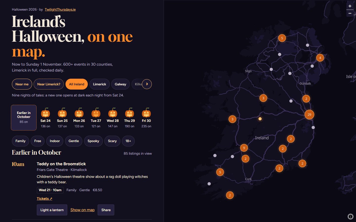 The first screen of halloweenmap.ie: a list of tonight's events beside a dark map of Ireland dotted with pumpkin markers